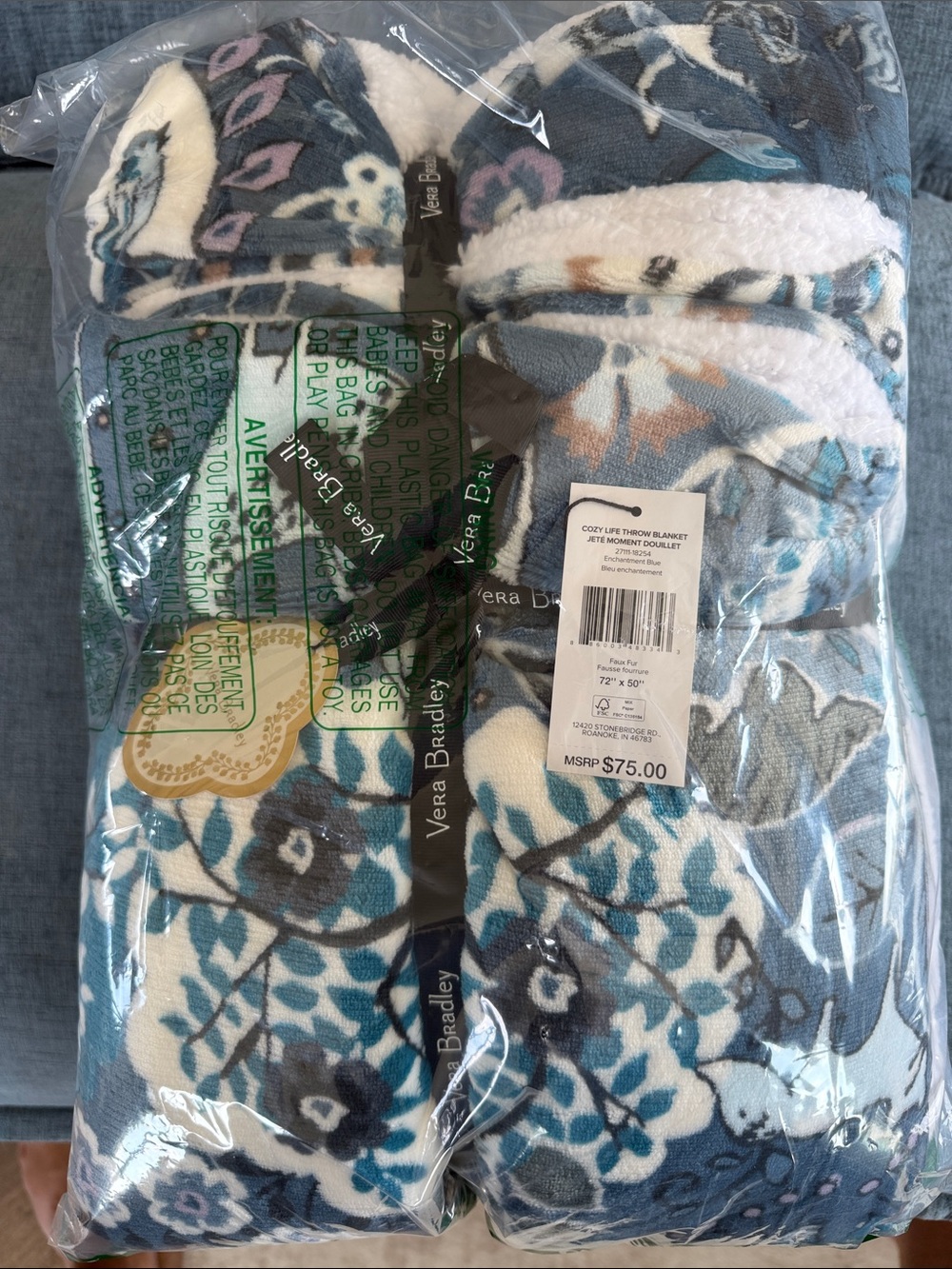 Vera Bradley Blue Floral Cozy Plush Throw with Sherpa Trim